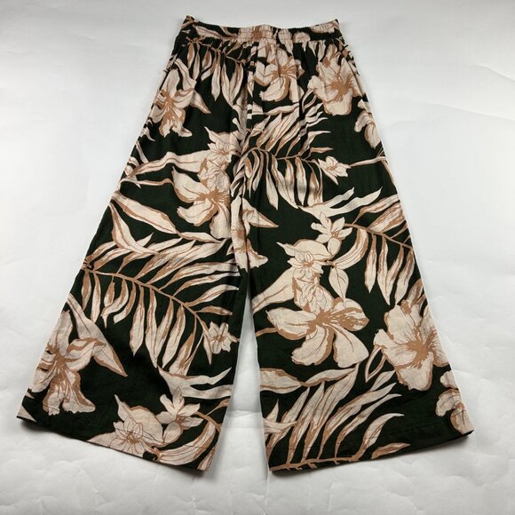Rachel Zoe Dark Olive Tan Tropical Print Linen Blend Wide Leg Pant M - Picture 6 of 7